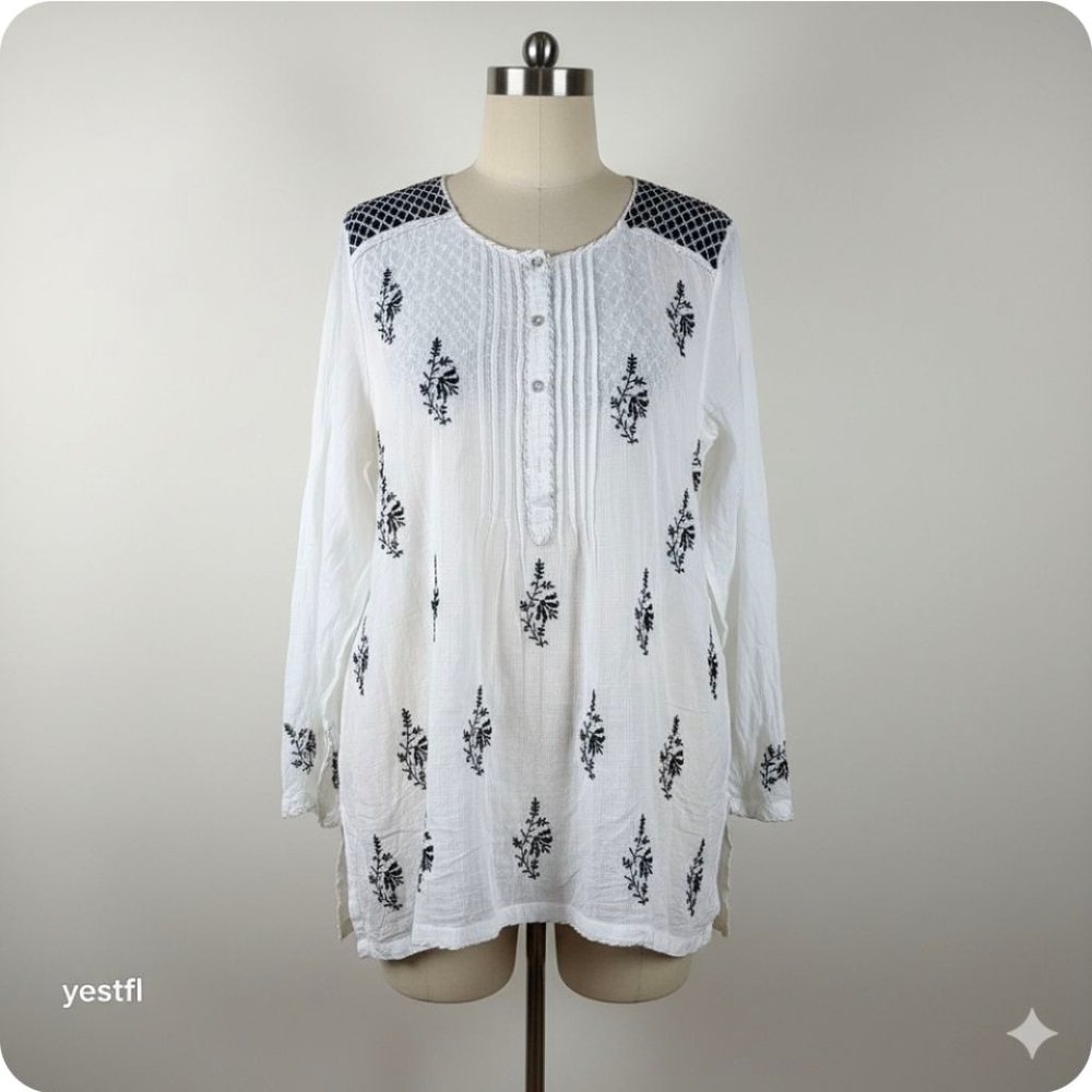 Bhairvis Chikan White Black Embroidered Cotton Tunic Top Plus Size XXL